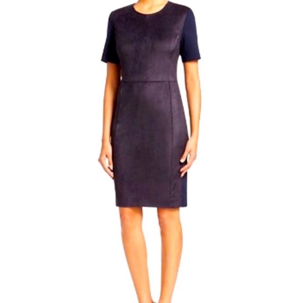 Elie Tahari Emily Sheath Classic Short-Sleeve Navy Suede Sheath Dress